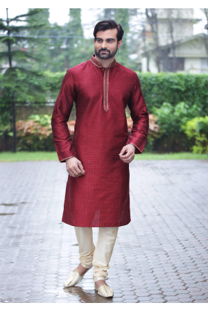 Red Color Dupion And Art Silk Fabric Kurta Set